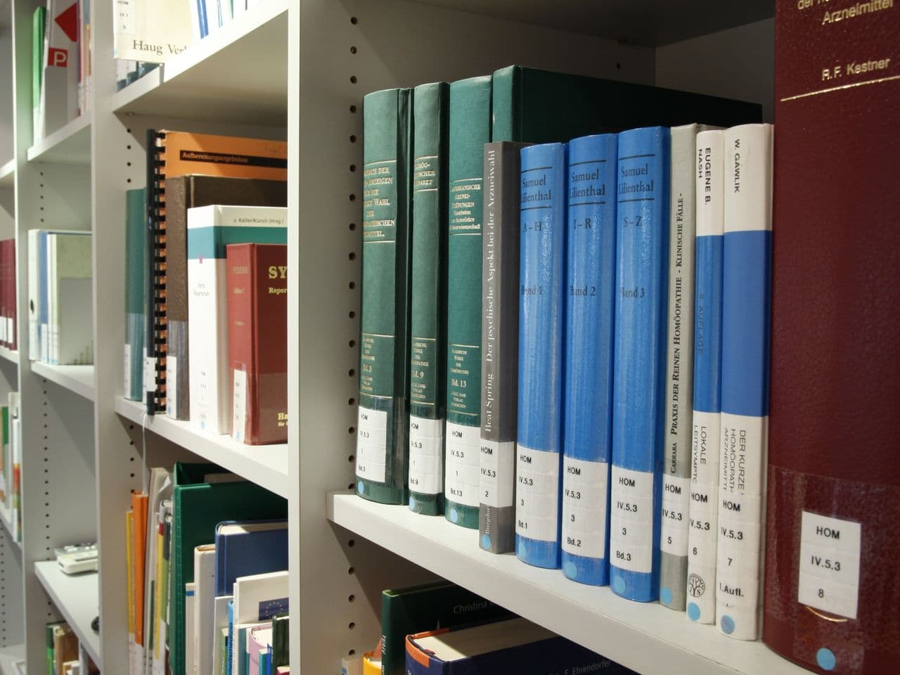 Bücherregal einer Bibliothek mit Fachliteratur und Nachschlagewerken.